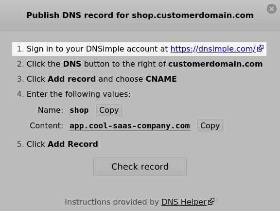Screenshot of DNS Helper instructing user to sign in to their DNSimple account