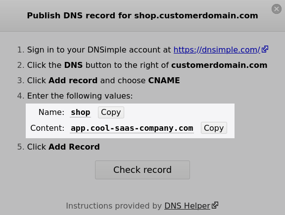 Screenshot of DNS Helper instructing user to add a DNS CNAME record